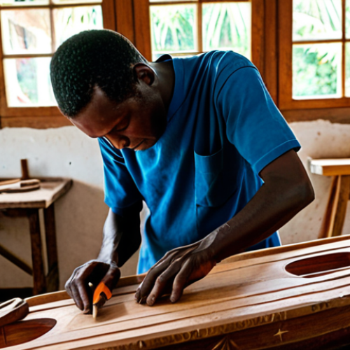 Home 4 **
"A skilled Sao Tome artisan, fully clothed in modest, traditional attire, meticulously carving a small wooden boat. The workshop is filled with various tools and half-finished carvings, reflecting a rich cultural heritage. Sunlight streams through a window, illuminating the scene. Perfect anatomy, correct proportions, well-formed hands, natural pose, professional, safe for work, appropriate content, family-friendly, high quality."
**