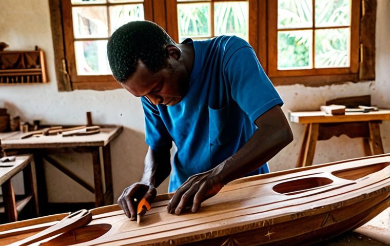 **

"A skilled Sao Tome artisan, fully clothed in modest, traditional attire, meticulously carving a small wooden boat. The workshop is filled with various tools and half-finished carvings, reflecting a rich cultural heritage.  Sunlight streams through a window, illuminating the scene.  Perfect anatomy, correct proportions, well-formed hands, natural pose, professional, safe for work, appropriate content, family-friendly, high quality."

**